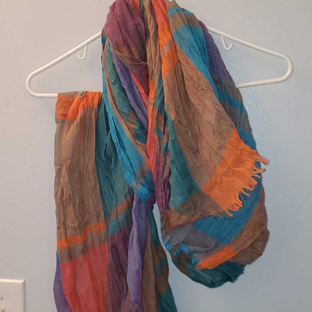 Scarf plaid, turquoise, peach, purple, and pink